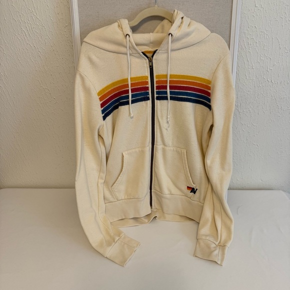 Women's Cream Zip-Up Hoodie with Rainbow Stripes 5 stripe hoodie in vintage whit - Picture 4 of 9